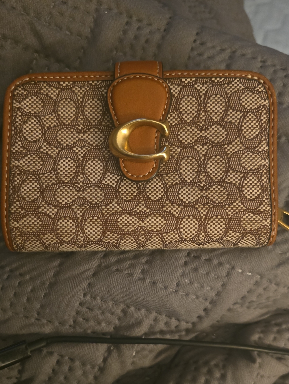 Coach Brown Signature Canvas Wallet with Tan Leather Trim